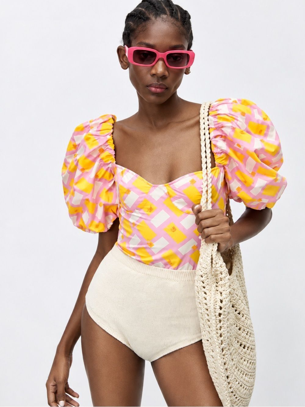 ZARA Puff-Sleeve Square Neck Top in Pink Yellow Geo Print Size M